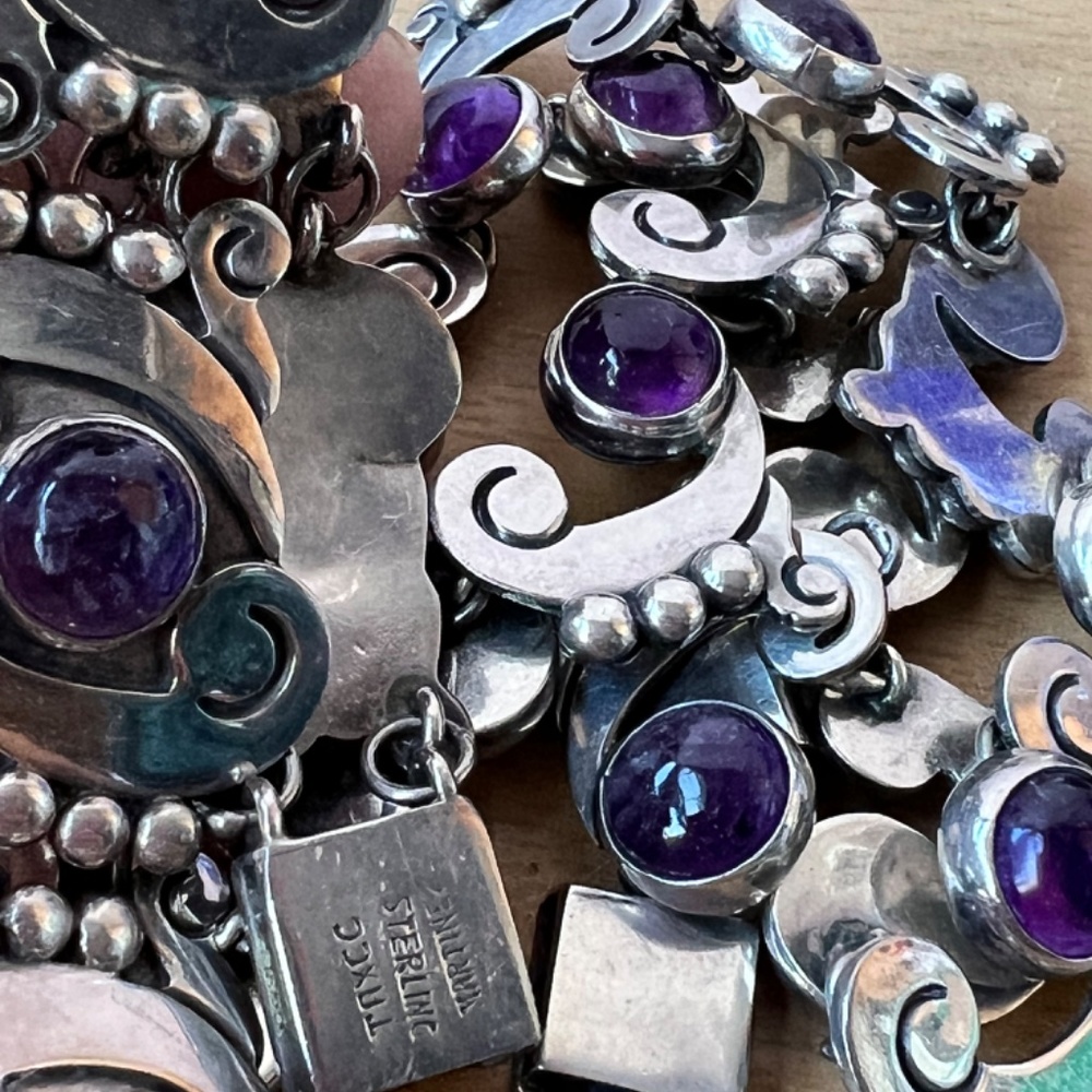 FELIPE MARTINEZ TAXCO 1940'S AMETHYST STERLING NECKLACE AND BRACELET SET MEXICO - Picture 4 of 16